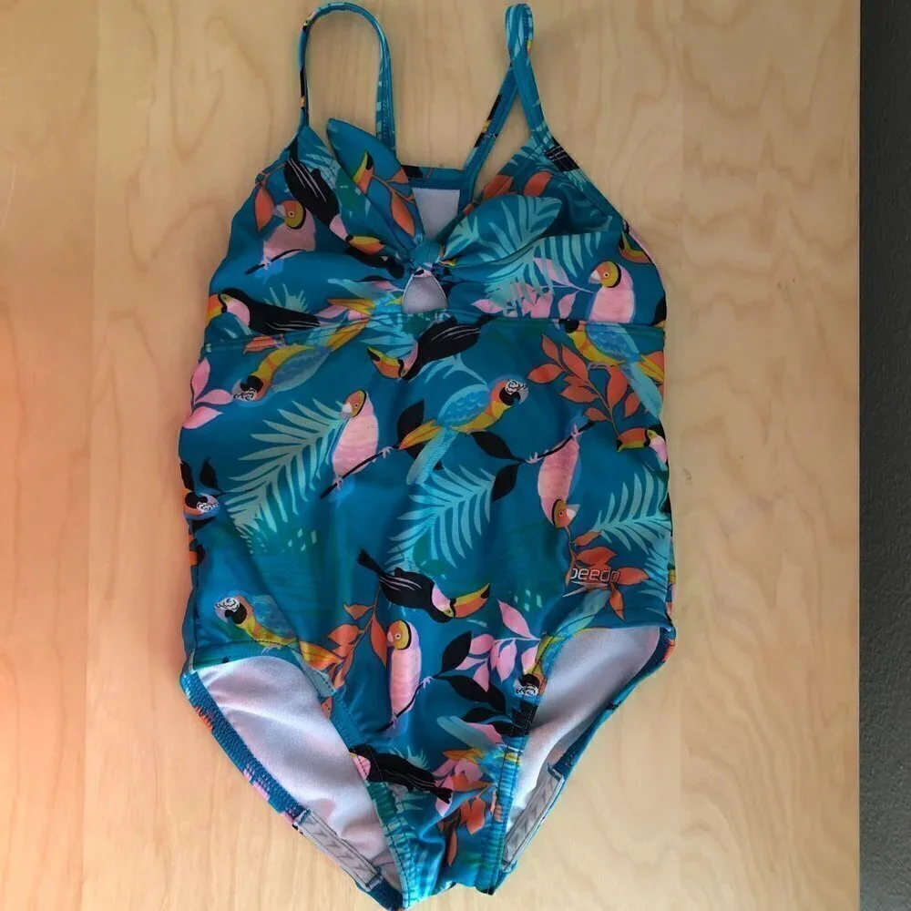 Speedo One Piece Swimsuit Girl's size XS Blue Orange & Yellow Tropical Parrots